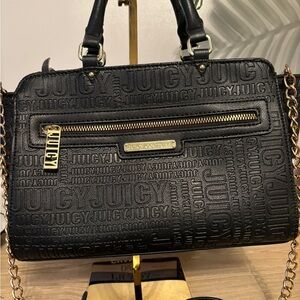 Juicy Couture Logo Games Satchel Handbag Black Patent Faux Leather